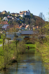 Fototapeta na wymiar Der Bach Trubach und die Burg Egloffstein/Deutschland im Hintergrund