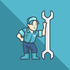 Plumber, Mechanic, Repairman, Cartoon Style Vector Illustration. Repairman, Mechanic or Plumber Lean Back on a Big Wrench