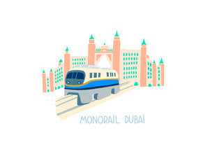 hand drawing flat style of monorail in Dubai, United Arab Emirates, Middle East