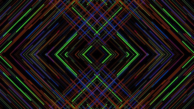 Triangular pattern of lines with interference. Animation. Hypnotic mirror pattern of intersecting color lines with interference on black background