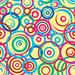 A Funky seamless pattern with random circles on a yellow background for design, a bright abstract vector stock illustration with geometric shapes for printing on fabric or textile