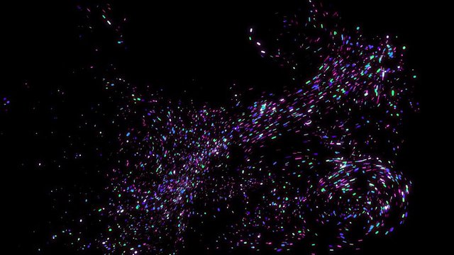 Magic stream of neon shining particles on black background. Animation. Abstract gentle blizzard of shining colorful particles on black background