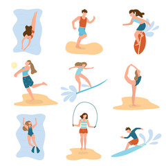 Fototapeta na wymiar Set of young people at different beach activities summer sport