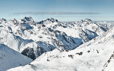 Winter alpine panorama of snow covered mountains in Austrian Alps. Tyrol. Soelden