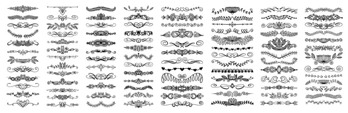 set of 100 doodle sketch drawing divider, wedding card design element or page decoration
