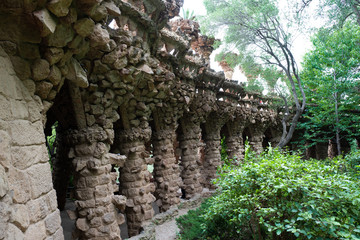 Stone columns in Park Guell Antonio Gaudi. Barcelona, Spain