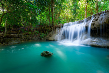 Waterfall in Tropical forest at Erawan waterfall National Park, Thailand