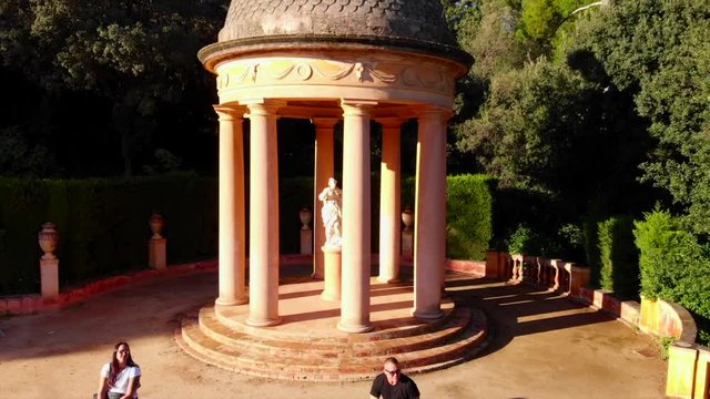 drone video of the romantic plant labyrinth in Barcelona flying backwards and away revealing the whole labyrinth with his views