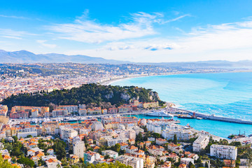 Naklejka na ściany i meble beautiful city view of Nice, France. Landscape of harbor, port in Nice. Cote d'Azur France. Luxury resort of French riviera