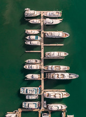 Marina Boats Aerial. Yachts in Marina. Port Douglas town with waterfront river view of yachts and...