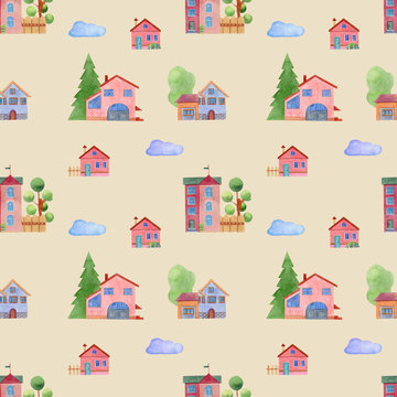 Seamless pattern with cute cartoon city buildings isolated on a beige background. Watercolor hand painted illustration