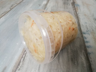 Organic sauerkraut in the plastic bucket