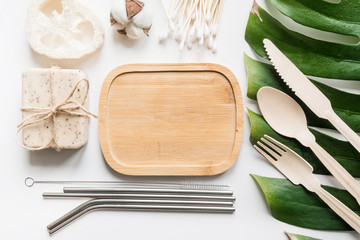 Eco set for zero waste, natural organic accessories for body care, cotton on white.