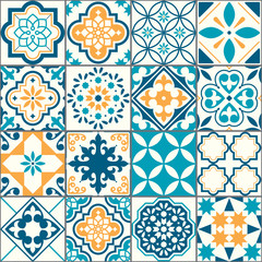 Portuguese or Spanish Azujelo vector seamless tiles design - Lisbon retro truquoise and yellow pattern, tile big collection  
