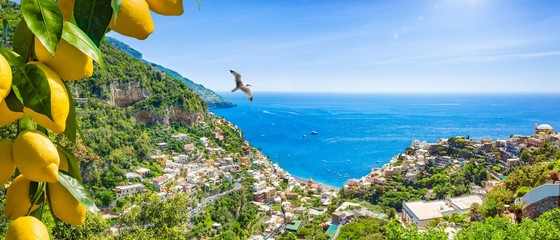 Beautiful Positano and clear blue sea on Amalfi Coast in Campania, Italy. Amalfi coast is popular travel and holyday destination in Europe.
