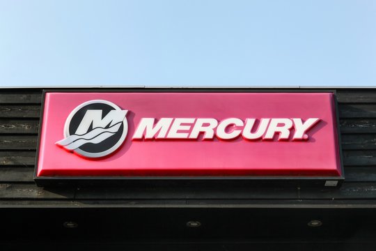 Beder, Denmark - April 20, 2018 : Mercury logo on a building. Mercury Marine, founded in 1939 is a division of the Brunswick Corporation. The company manufactures marine engines and snowmobiles