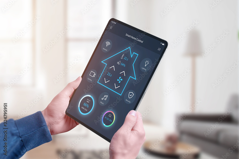 Poster Concept of smart home central control system app on tablet in man hands. Home interior in background