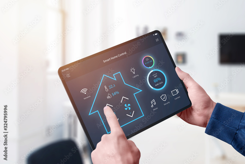 Poster All in one smart home control system app concept on tablet display in man hands