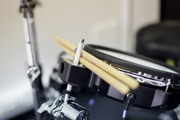 Detail of a drum kit in the professional studio