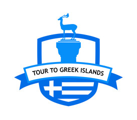 Greek Islands Cruise banner. Vector Logo with Colossus of Rhodes and National flag of Greece.