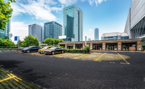 Shanghai Lujiazui Business District Parking Lot And Modern Building Office Building..