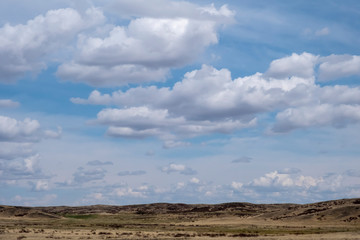 Fototapeta na wymiar Kazakh steppe with cloudy sky background.