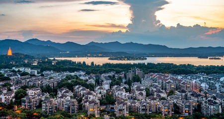 Skyline and West Lake of Hangzhou urban architectural landscape..