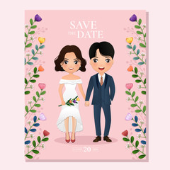 Wedding invitation card the bride and groom cute couple cartoon character.Colorful vector illustration for event celebration 
