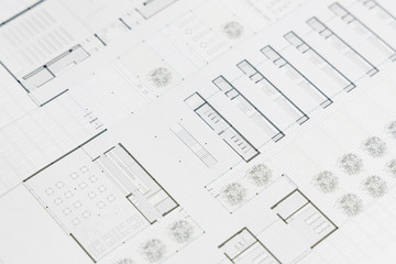 Close up of an architectural plan of a public building. Modern architecture