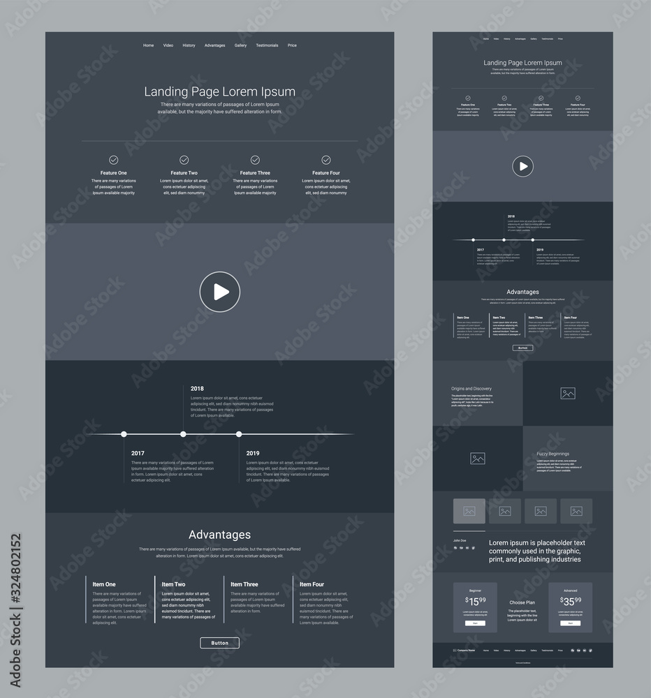 Poster landing page wireframe dark design for business. one page website layout template. modern responsive