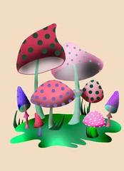 Amanita rubrovolvata or volva mushroom digital art illustration. Boletus have a multi-colored fantastic cap with a ring. Mushroom season, plant growing in forests and forests