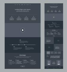 Landing page wireframe dark design for business. One page website layout template. Modern responsive design. Ux ui website: features, video, timeline, advantages, articles, testimonials, pricing. © Gooder