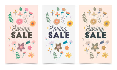Fototapeta na wymiar Set of spring flowers vector template for Instagram post, Stories, season sale, discounts, promotional, flyers and posters, apps, websites, printing material . Colorful and floral sale badges