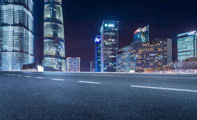 Night view and office building of architectural street in Lujiazui Financial District, Shanghai..