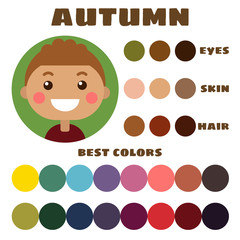 Stock vector color guide. Eyes, skin, hair color. Seasonal color analysis palette with best colors for autumn type of children appearance. Face of little boy