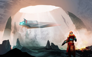 Digital illustration painting design style a futuristic soldier standing in the cave and looking to spaceship, against lava and magma in cave. © thanawong