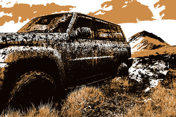 Adventure travel concept background. 4x4 off-road suv car stuck in mud. Adventure travel concept background. Offroad car. © Adil