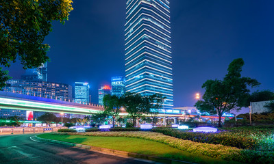 Night view and office building of architectural street in Lujiazui Financial District, Shanghai..