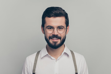 Portrait of positive imposing gentleman enjoy look at camera wear modern outfit spectacles isolated over grey color background