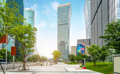 Building street and office building of Lujiazui Financial District, Shanghai..