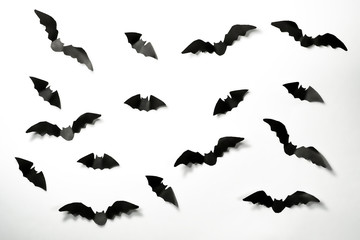 Halloween paper decorations concept. Black paper bats on a white background. Halloween concept.