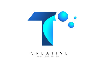 T Letter Logo Design with 3D and Ribbon Effect and Dots.