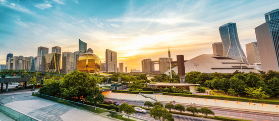 Fototapeta premium Hangzhou Financial District Plaza and building landscape skyline..