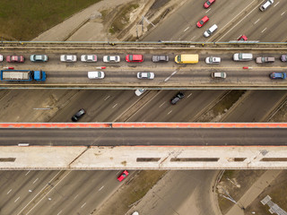 Aerial drone view. Bridge intersection of highways.