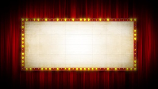 Broadway Cinema Background With Marquee Sign And Red Curtains/ 4k animation of a cinema or broadway theater background with marquee sign and red curtains