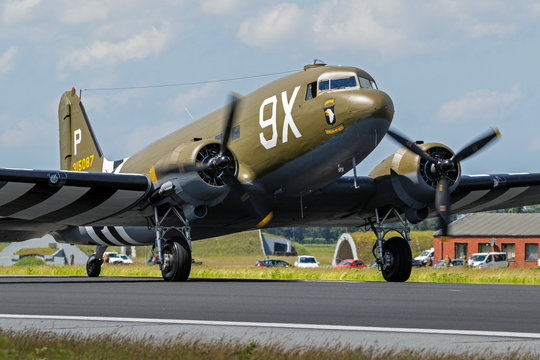 Vintage World War II warbird Douglas C-47 Dakota transport plane taxiing on Jagel airbase during it's D-Day 75 memorial flight over Germany.  JAGEL, GERMANY - JUN 13, 2019.