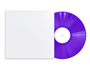 Purple Vinyl Disc Record with Sleeve Cover. Colored LP Vinyl for Turntable. 3D Render Mock Up Isolated on White Background.