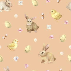 Easter seamless pattern (texture, background) with cute rabbits (bunnies), funny yellow chickens and eggs. Perfect for Easter invitations, greeting cards, gift wrapping.