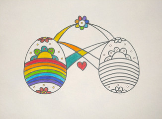 Rainbow hand drawn Easter colorful eggs,  felt tip on paper, white background