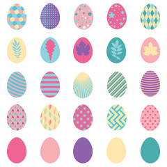 Set with Easter eggs in pastel colors and patterns. Vector illustration in a simple flat style isolated on a white background.